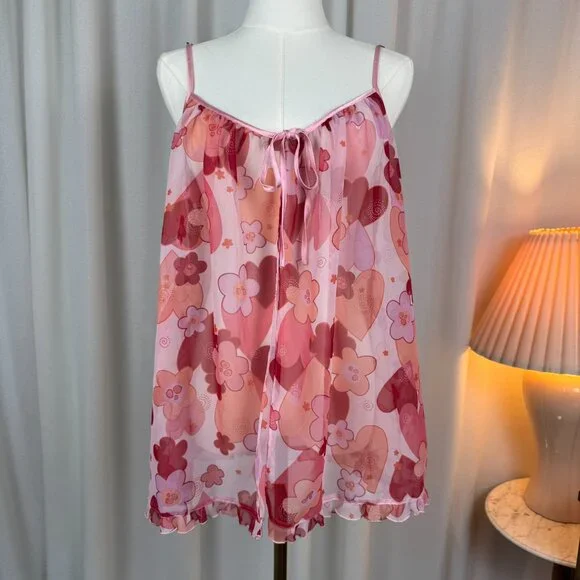 La Senza Y2K Pink Hearts Floral Chiffon Ruffle Slip Medium - Picture 2 of 9
